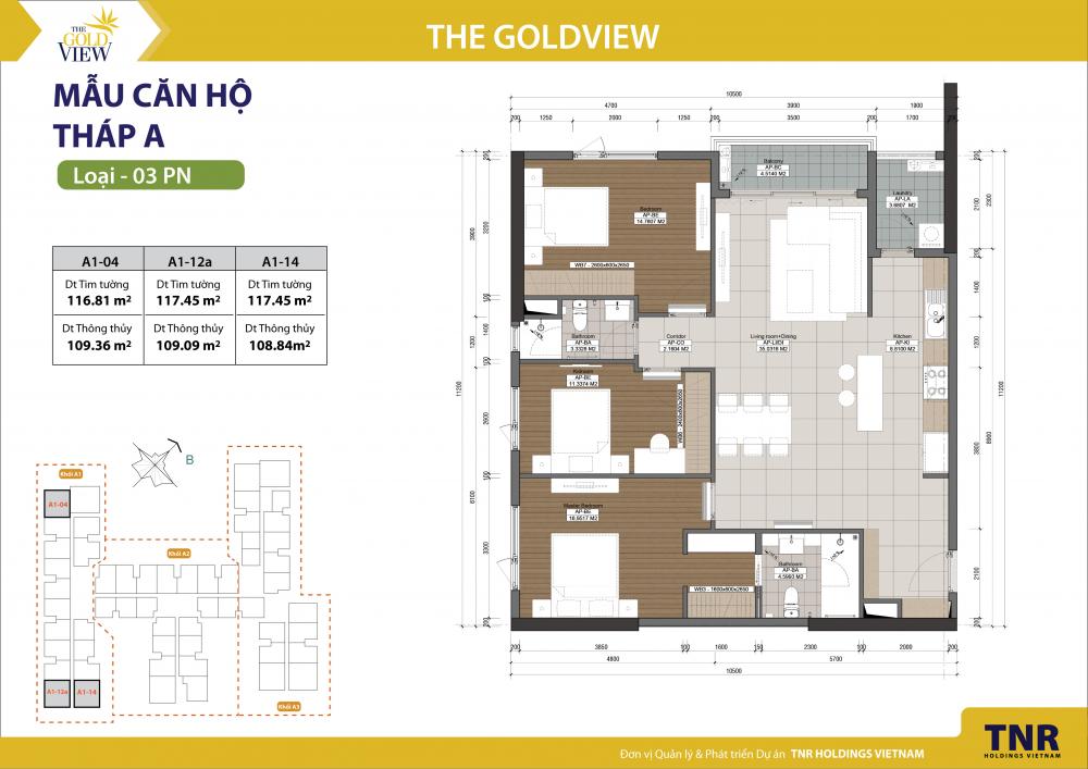 Chính chủ cần bán giá góc căn hộ 3PN The GOLD VIEW diện tích 117 m2 giá 4,9 tỷ bao gồm VAT