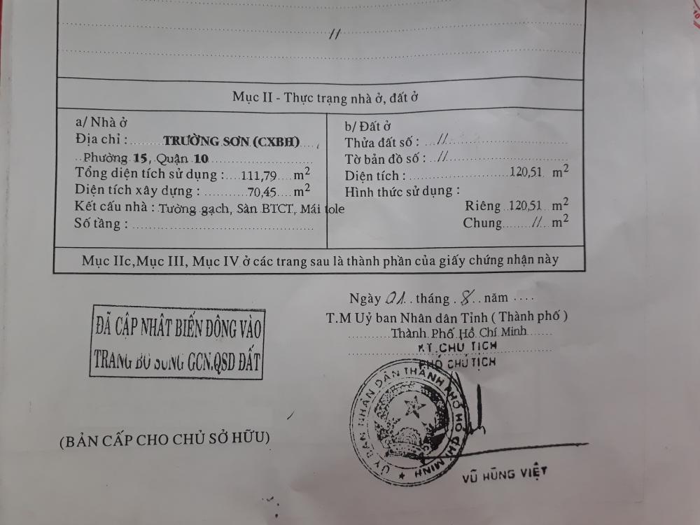 Bán nhà MT Trường Sơn, Q10, DT 4,1x29,7m (120,5m2), 2 lầu, giá 17 tỷ(TL)