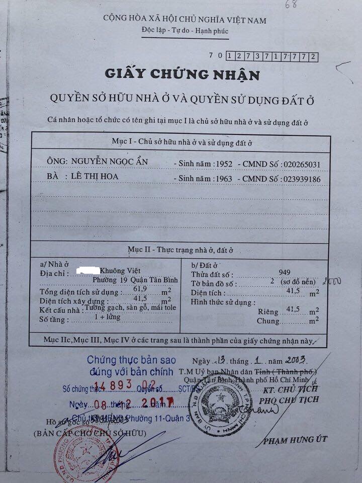 Bán nhà lầu mặt tiền, 68 Cao Văn Ngọc, Phú Trung,dt 3x12m, giá 3.5 tỷ thương lượng