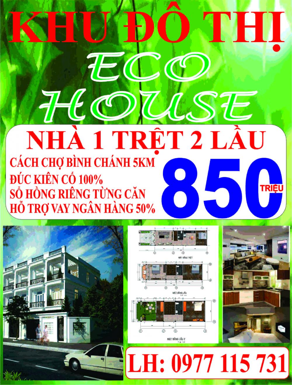 Mở bán KDC Eco House MT đường Đinh Đức Thiện  giá 850tr DT 125m2, SHR, thổ cư 100%