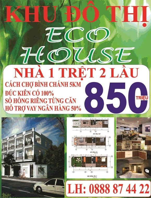 Mở bán 15 căn nhà phố cao cấp khu đô thị ECO HOUSE_Bình Chánh giá chỉ 850 triệu/căn.
