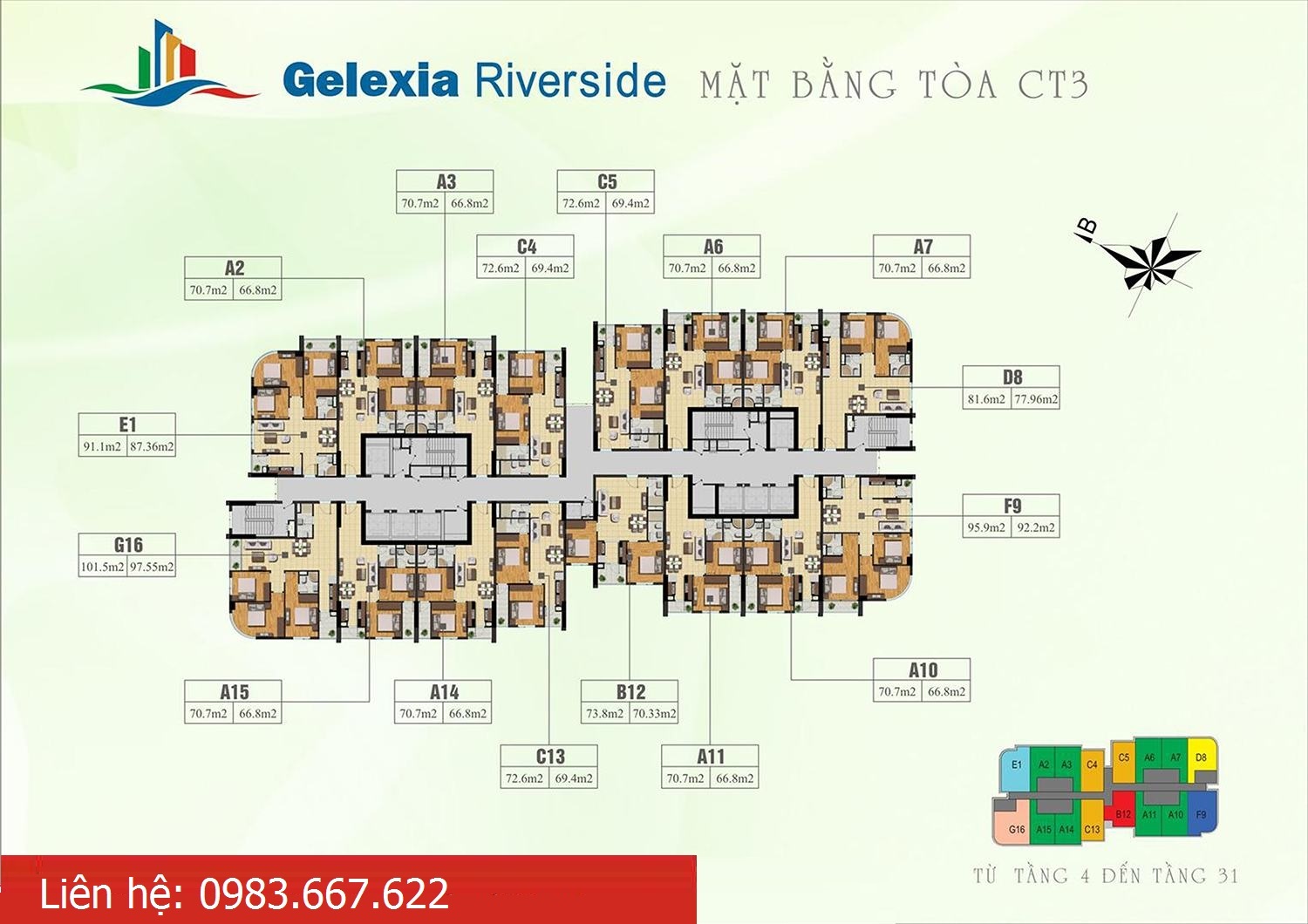 Chính chủ Bán  căn hộ CC Gelexia Riverside 885 Tam Trinh, 3 PN 101 m2, tòa CT3. LH 0983.667.622