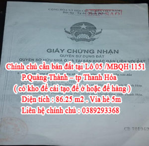 Chính chủ cần bán đất tại Lô 05 /MBQH 1151 –P.Quảng Thành – tp Thanh Hóa . ( có kho để cải tạo để