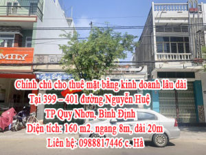 Chính chủ cho thuê mặt bằng kinh doanh lâu dài Tại 399 – 401 đường Nguyễn Huệ, TP Quy Nhơn, Bình