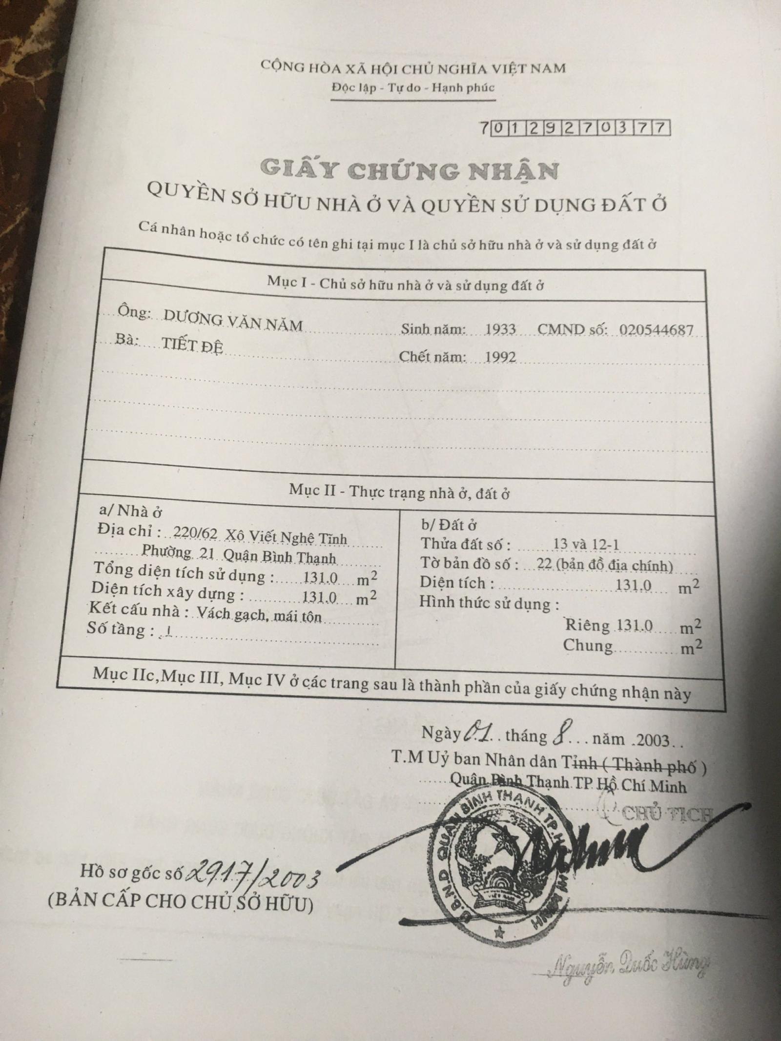 Chính chủ cần bán gấp nhà mặt tiền hẻm lớn - Quận Bình Thạnh - TP Hồ Chí Minh