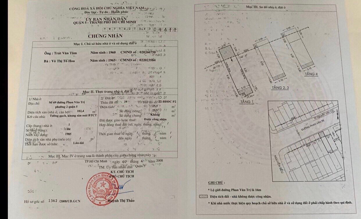 Bán Nhà mặt tiền 69 Phan Văn Trị Q5, trệt 3 lầu đúc