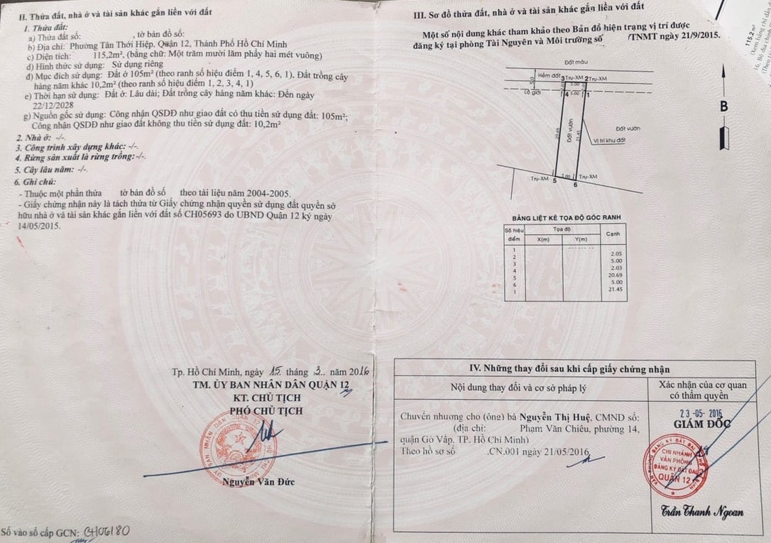 Bán Đất Thổ Cư 115m, Đường Nguyễn Thị Đặng. Quận 12. Giá 4 Tỷ 500 