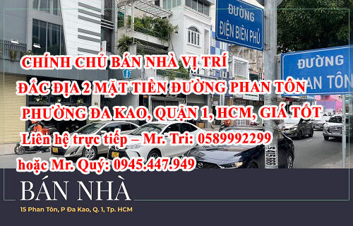 Chính chủ bán nhà vị trí đắc địa 2 mặt tiền đường Phan Tôn, Phường Đa Kao, Quận 1, HCM