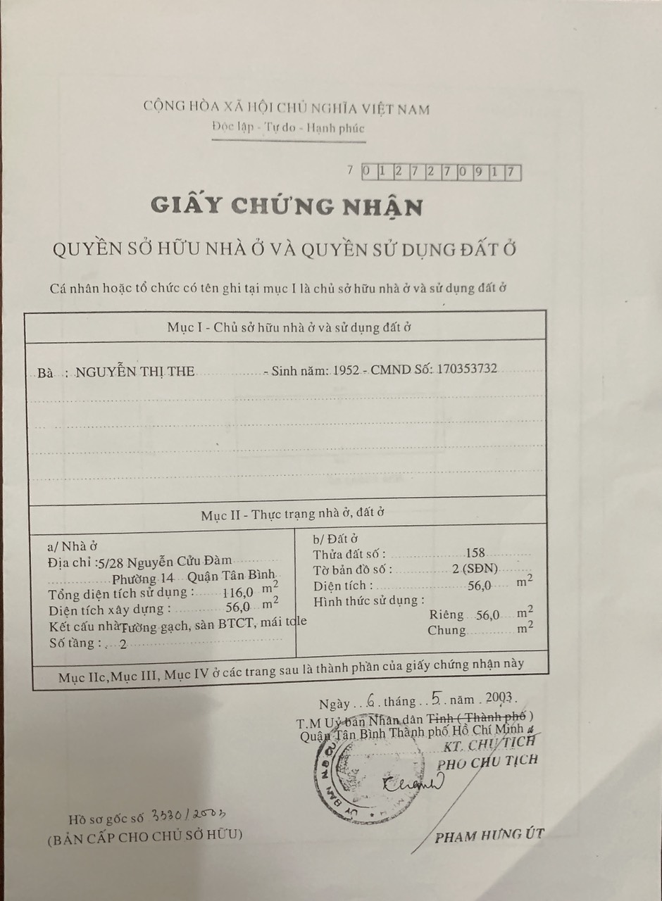 Bán nhà 5/ Nguyễn Cửu Đàm, phường Tân Sơn Nhì, quận Tân Phú, dt 4x14m 2 lầu giá 8,4 tỷ
