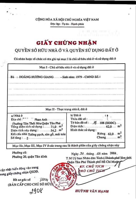 Bán Nhà 4 x 15.5 m. Hẻm 1/ Nguyễn Văn Yến  .P Tân Thới Hòa. Q.Tân Phú.TPHCM