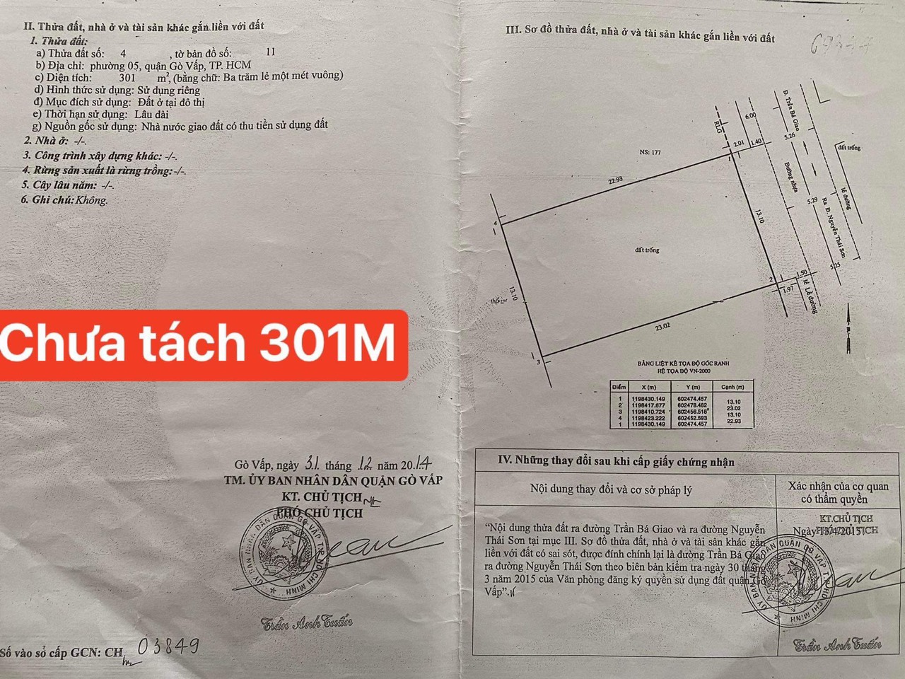 Bán đất MT Trần Bá Giao, P.5 Gò Vấp: 13 x 25= 301m2, giá 30 tỷ.