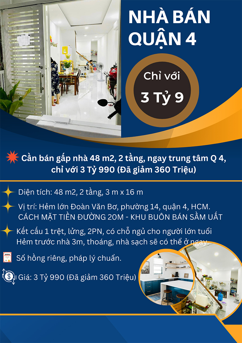 Cần bán gấp nhà 48 m2, 2 tầng, ngay trung tâm Q 4, chỉ với 3 Tỷ 990 (Đã giảm 360 Triệu)