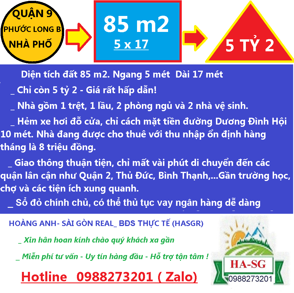 Bán gấp nhà BTCT 2 tầng_ Ngay KDC An Thiên Lý, Dương Đình Hội, P. Phước Long B, Quận 9_ Sổ Hồng Riêng_ 85 m2(5 x 17)_ HXT